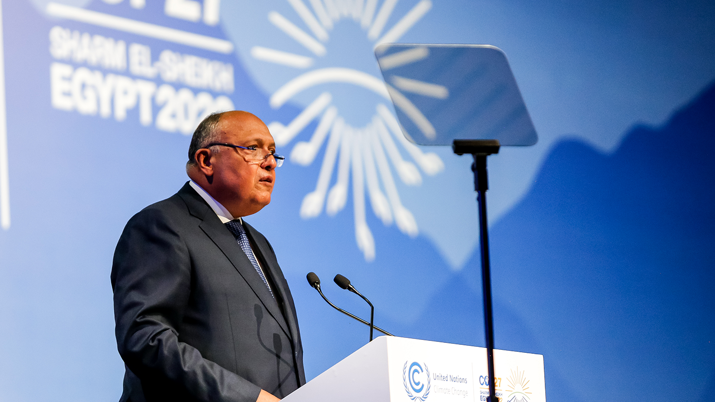 Sameh Shoukry President COP 27 speaks during the Opening Ceremony on the first day of the COP27 UN Climate Change Conference, held by UNFCCC in Sharm El-Sheikh International Convention Center, Egypt on November 6, 2022.