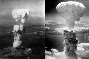 Left: Mushroom cloud over Hiroshima; Right: Atomic Cloud Rises Over Nagasaki
