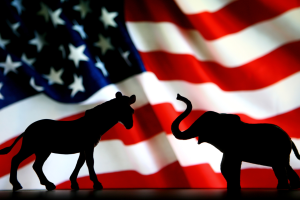 silhouette of a donkey and an elephant in front of an American flag