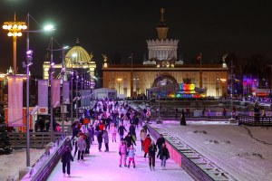 People skate at the opening of an ice rink at the Exhibition of Achievements of National Economy in Moscow