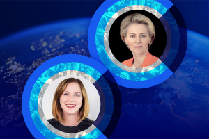 A graphic featuring headshots of Ursula von der Leyen and Jennifer Scanlon in front of a photo of the Earth from space.