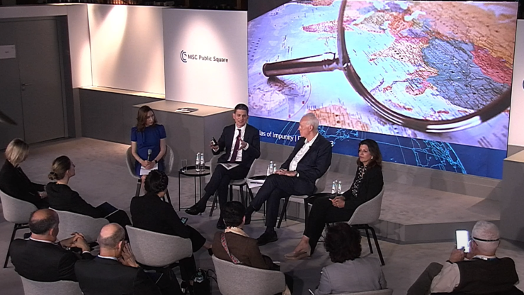Katherine Starr, David Miliband, Monica Pinto and others discussing the Atlas of Impunity