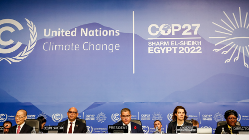Alok Sharma President COP 26 (middle) attends the Opening Ceremony on the first day of the COP27 UN Climate Change Conference, held by UNFCCC in Sharm El-Sheikh International Convention Center, Egypt on November 6, 2022.