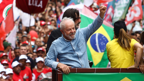 Brazil's former President and presidential candidate Luiz Inacio Lula da Silva leads the “march of victory” in Sao Paulo, Brazil on October 29, 2022.