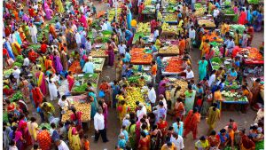 Aerial view of an Indian market place. 