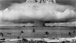 An image of an atomic bomb test of the coast of the Marshall Islands