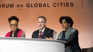 A group of panelists speaking at the 2018 Pritzker Forum on Global Cities. 