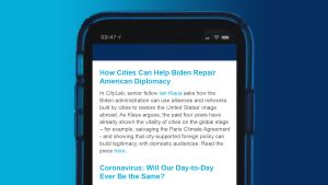 A smartphone with the Global Cities Insights newsletter on the screen