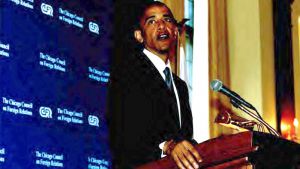 Barack Obama speaks at a podium