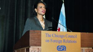Condoleezza Rice speaks at a podium