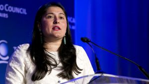 Sharmeen Obaid-Chinoy speaking at a podium