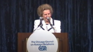 Screenshot of Margaret Thatcher speaking to the Council.