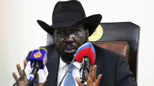 South Sudan's President Salva Kiir at a press conference on March 28, 2022.
