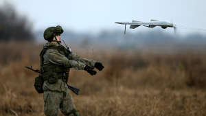 A Russian soldier launches a drone during a joint Serbian-Russian military training exercise "Slavic Brotherhood" in the town of Kovin, near Belgrade, Serbia November 7, 2016. REUTERS/Marko Djurica