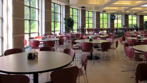 An empty college cafeteria is pictured.