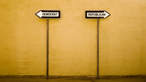 signs reading Democrat and Republican point in opposite directions