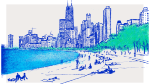 An illustration of Chicago's skyline with Lake Michigan