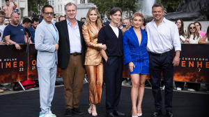 Robert Downey Jr, Christopher Nolan, Emily Blunt, Cillian Murphy, Florence Pugh, and Matt Damon pose for a photo at an Oppenheimer promotional event in London. 