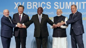 From left, Brazil's President Luiz Inacio Lula da Silva, China's President Xi Jinping, South Africa's President Cyril Ramaphosa, India's Prime Minister Narendra Modi and Russia's Foreign Minister Sergei Lavrov pose for a BRICS group photo during the 2023 BRICS Summit