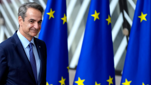 Greek Prime Minister Kyriakos Mitsotakis at the European Council building in Brussels on October 26, 2023.