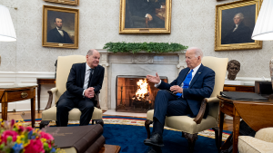 President Joe Biden meets with German Chancellor Olaf Scholz in the Oval Office of the White House on February 9, 2024