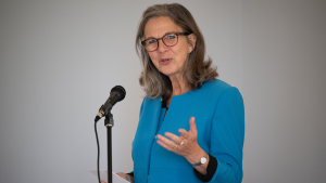 Ambassador of the Kingdom of the Netherlands to the United States Birgitta Tazelaar delivers remarks during an Artemis Accords signing ceremony on November 1, 2023, at the Dutch Ambassador’s Residence in Washington.