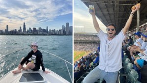 Gert Ebner on a boat in front of the Chicago skyline, and in the stands at a baseball game.