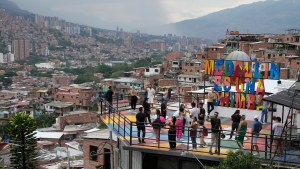 Tourists in the Comuna 13 neighborhood of Medellin, Colombia